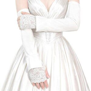 Women's White-01 Fingerless Lace Arm Sleeves Gloves Wedding Dress Party Prom